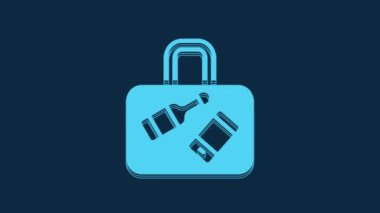 Blue Suitcase for travel icon isolated on blue background. Traveling baggage sign. Travel luggage icon. 4K Video motion graphic animation.