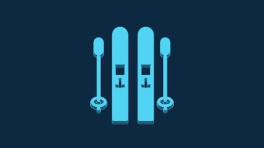 Blue Ski and sticks icon isolated on blue background. Extreme sport. Skiing equipment. Winter sports icon. 4K Video motion graphic animation.