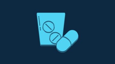 Blue Medicine pill or tablet icon isolated on blue background. Capsule pill and drug sign. Pharmacy design. 4K Video motion graphic animation.