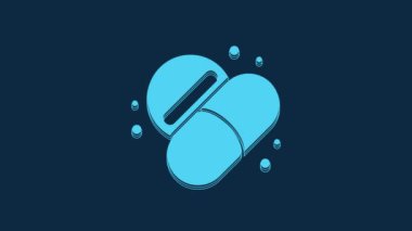 Blue Medicine pill or tablet icon isolated on blue background. Capsule pill and drug sign. Pharmacy design. 4K Video motion graphic animation.
