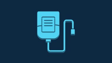 Blue IV bag icon isolated on blue background. Blood bag. Donate blood concept. The concept of treatment and therapy, chemotherapy. 4K Video motion graphic animation.
