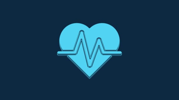 蓝色心率图标孤立在蓝色背景 心跳的迹象 心脏脉搏图标 心电图图标 4K视频运动图形动画 — 图库视频影像