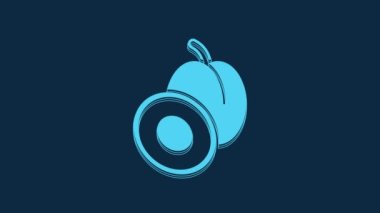 Mavi Erik meyvesi ikonu mavi arkaplanda izole edilmiş. 4K Video hareketli grafik canlandırması.