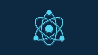 Blue Atom icon isolated on blue background. Symbol of science, education, nuclear physics, scientific research. 4K Video motion graphic animation.