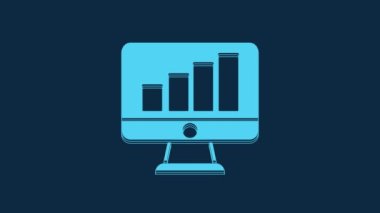 Blue Computer monitor with graph chart icon isolated on blue background. Report text file. Accounting sign. Audit, analysis, planning. 4K Video motion graphic animation.