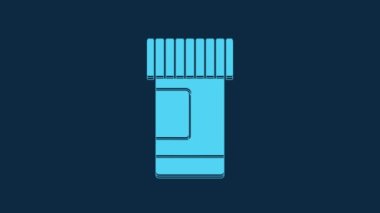 Blue Medicine bottle and pills icon isolated on blue background. Bottle pill sign. Pharmacy design. 4K Video motion graphic animation.
