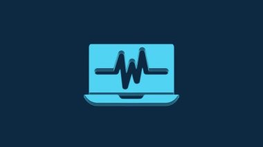 Mavi arkaplanda kardiyogram simgesi olan mavi dizüstü bilgisayar. Simge denetleniyor. Kalp atışı elle çizilmiş EKG monitörü. 4K Video hareketli grafik canlandırması.