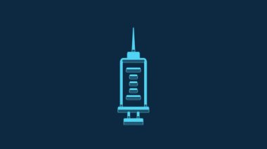 Blue Syringe icon isolated on blue background. Syringe for vaccine, vaccination, injection, flu shot. Medical equipment. 4K Video motion graphic animation.