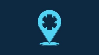 Blue Medical map pointer with cross hospital icon isolated on blue background. 4K Video motion graphic animation.