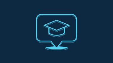 Blue Graduation cap in speech bubble icon isolated on blue background. Graduation hat with tassel icon. 4K Video motion graphic animation.