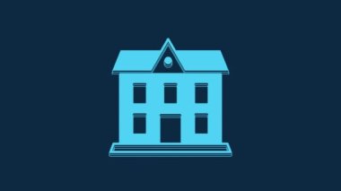 Blue School building icon isolated on blue background. 4K Video motion graphic animation.