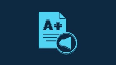 Mavi arka planda A artı sınıf simgesi olan mavi sınav kağıdı. Sınav kağıdı, sınav ya da araştırma konsepti. Sınav ya da sınav. 4K Video hareketli grafik canlandırması.