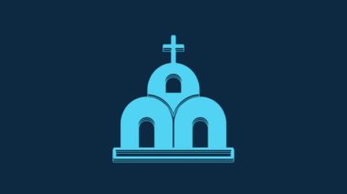 Blue Church building icon isolated on blue background. Christian Church. Religion of church. 4K Video motion graphic animation.