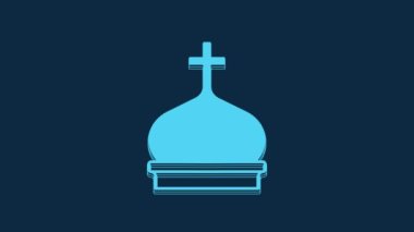 Mavi Hristiyan kilise kulesi ikonu mavi arka planda izole edildi. Kilisenin dini. 4K Video hareketli grafik canlandırması.