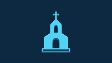 Blue Church building icon isolated on blue background. Christian Church. Religion of church. 4K Video motion graphic animation.