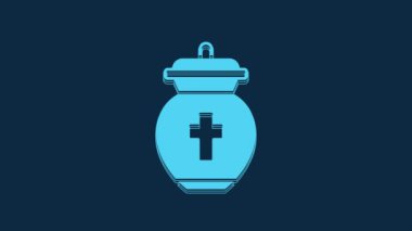 Blue Funeral urn icon isolated on blue background. Cremation and burial containers, columbarium vases, jars and pots with ashes. 4K Video motion graphic animation.