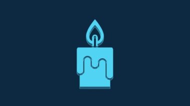 Blue Burning candle icon isolated on blue background. Cylindrical candle stick with burning flame. 4K Video motion graphic animation.