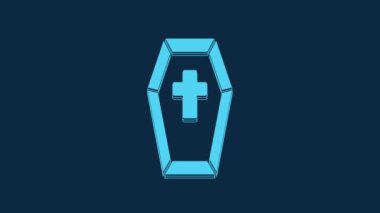 Blue Coffin with christian cross icon isolated on blue background. Happy Halloween party. 4K Video motion graphic animation.