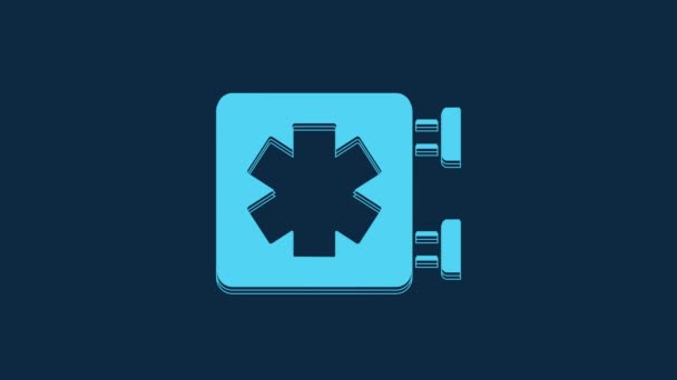 緊急事態の青い医療記号 青の背景に隔離された生命の星のアイコン 4Kビデオモーショングラフィックアニメーション — ストック動画
