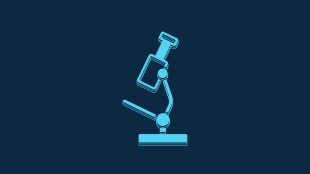 蓝色显微镜图标隔离在蓝色背景上 制药仪器 微生物学放大工具 4K视频运动图形动画 — 图库视频影像