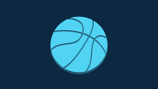 青い背景に青いバスケットボールのアイコンが隔離されています スポーツシンボル 4Kビデオモーショングラフィックアニメーション — ストック動画