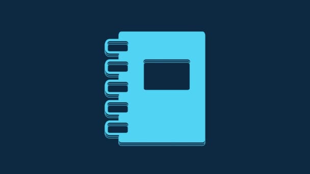 青の背景に隔離された青のノートブックアイコン スパイラルノートパッドのアイコン 学校のノートだ パッドを書く 学校の日記 4Kビデオモーショングラフィックアニメーション — ストック動画