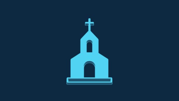 青の背景に隔離された青の教会の建物のアイコン キリスト教会 教会の宗教 4Kビデオモーショングラフィックアニメーション — ストック動画