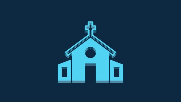 青の背景に隔離された青の教会の建物のアイコン キリスト教会 教会の宗教 4Kビデオモーショングラフィックアニメーション — ストック動画