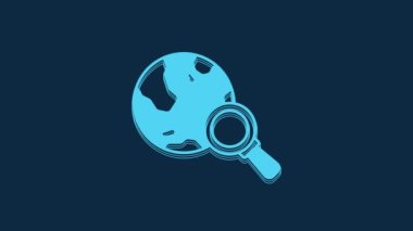 Blue Magnifying glass with globe icon isolated on blue background. Analyzing the world. Global search sign. 4K Video motion graphic animation.