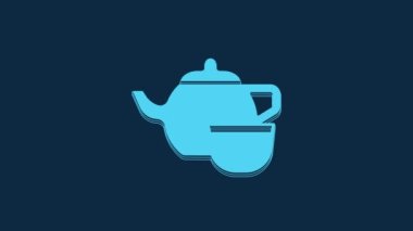 Geleneksel Çin çay töreni ikonu mavi arka planda izole edilmiş. Fincanlı çaydanlık. 4K Video hareketli grafik canlandırması.