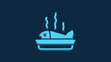 Mavi arka planda izole edilmiş bir tabak ikonunda servis edilen balık. 4K Video hareketli grafik canlandırması.