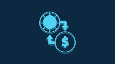 Blue Casino chips exchange on stacks of dollars icon isolated on blue background. 4K Video motion graphic animation.