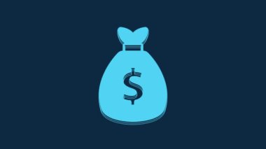 Blue Money bag icon isolated on blue background. Dollar or USD symbol. Cash Banking currency sign. 4K Video motion graphic animation.