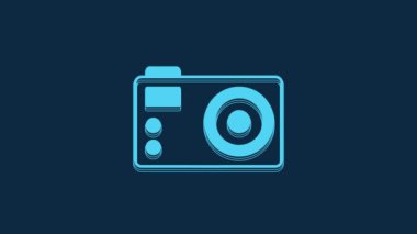 Blue Photo camera icon isolated on blue background. Foto camera. Digital photography. 4K Video motion graphic animation.
