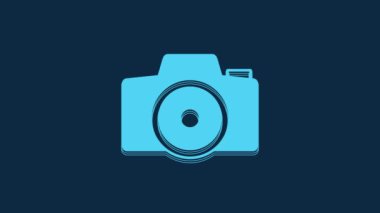 Blue Photo camera icon isolated on blue background. Foto camera. Digital photography. 4K Video motion graphic animation.