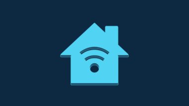 Blue Smart home with wi-fi icon isolated on blue background. Remote control. 4K Video motion graphic animation.