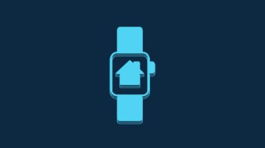 Blue Smart home with smart watch icon isolated on blue background. Remote control. 4K Video motion graphic animation.