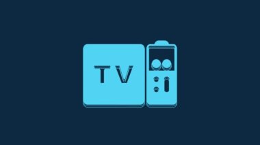 Blue Multimedia and TV box receiver and player with remote controller icon isolated on blue background. 4K Video motion graphic animation.