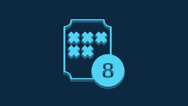 青の背景に隔離された幸運な数字のアイコンを持つビンゴカード上のブルービンゴや宝くじボール 4Kビデオモーショングラフィックアニメーション — ストック動画