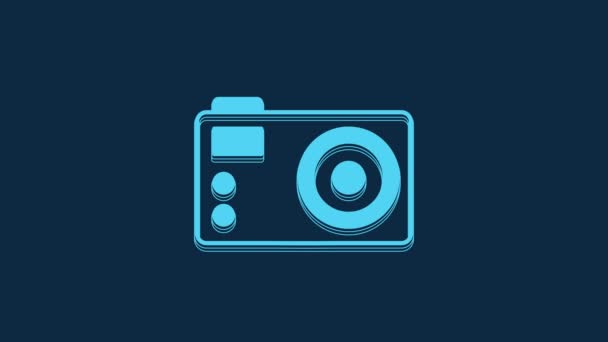 青の背景に隔離された青の写真カメラアイコン フォトカメラ デジタル写真 4Kビデオモーショングラフィックアニメーション — ストック動画