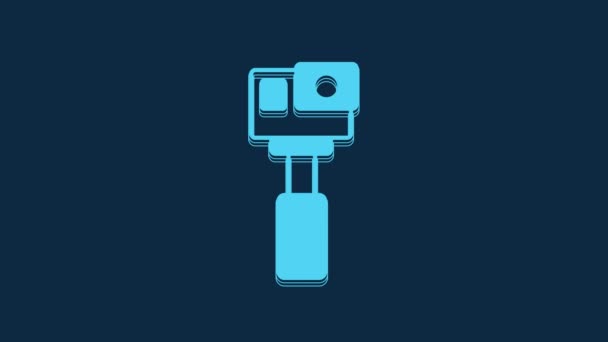 青の背景に隔離された青のアクション極端なカメラアイコン 極端なスポーツを撮影するためのビデオカメラ機器 4Kビデオモーショングラフィックアニメーション — ストック動画