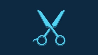 Blue Scissors hairdresser icon isolated on blue background. Hairdresser, fashion salon and barber sign. Barbershop symbol. 4K Video motion graphic animation.