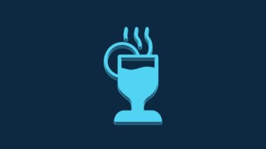 Blue Mulled wine with glass of drink and ingredients icon isolated on blue background. Cinnamon stick, clove, lemon slice. 4K Video motion graphic animation.