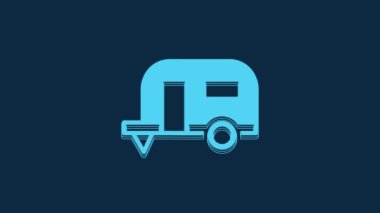 Blue Rv Camping trailer icon isolated on blue background. Travel mobile home, caravan, home camper for travel. 4K Video motion graphic animation.