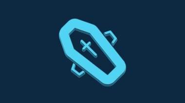 Blue Coffin with christian cross icon isolated on blue background. Happy Halloween party. 4K Video motion graphic animation.