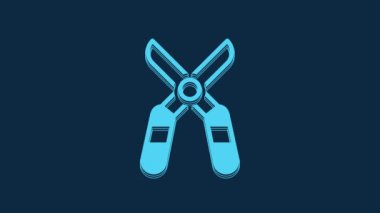 Blue Gardening handmade scissors for trimming icon isolated on blue background. Pruning shears with wooden handles. 4K Video motion graphic animation.