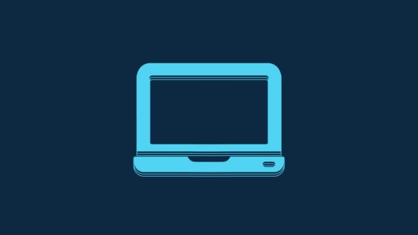 蓝色笔记本电脑图标隔离在蓝色背景 带有空屏幕标志的笔记本电脑 4K视频运动图形动画 — 图库视频影像