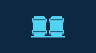 Mavi arka planda izole edilmiş şarap ikonu için mavi ahşap fıçı. 4K Video hareketli grafik canlandırması.