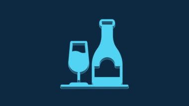 Blue Wine bottle with glass icon isolated on blue background. 4K Video motion graphic animation.