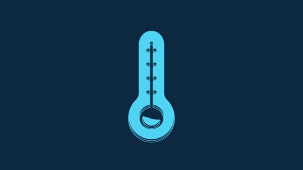 青い背景に隔離された熱と冷たいアイコンを測定する青い気象温度計 高温または低温を示す温度計機器 4Kビデオモーショングラフィックアニメーション — ストック動画